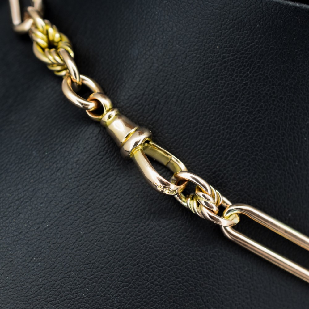 Antique '1903' 9ct Gold Trombone and Love Knot Link Albert Chain Necklace | 13.5