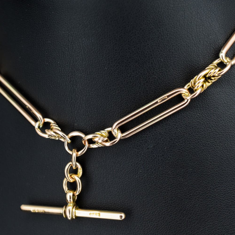 Antique '1903' 9ct Gold Trombone and Love Knot Link Albert Chain Necklace | 13.5