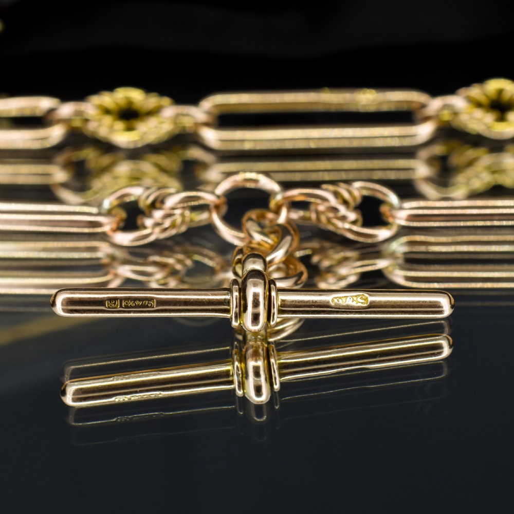 Antique '1903' 9ct Gold Trombone and Love Knot Link Albert Chain Necklace | 13.5