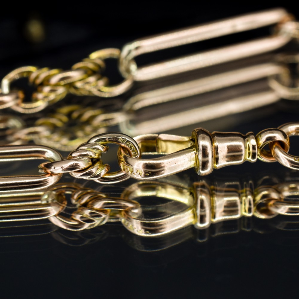 Antique '1903' 9ct Gold Trombone and Love Knot Link Albert Chain Necklace | 13.5