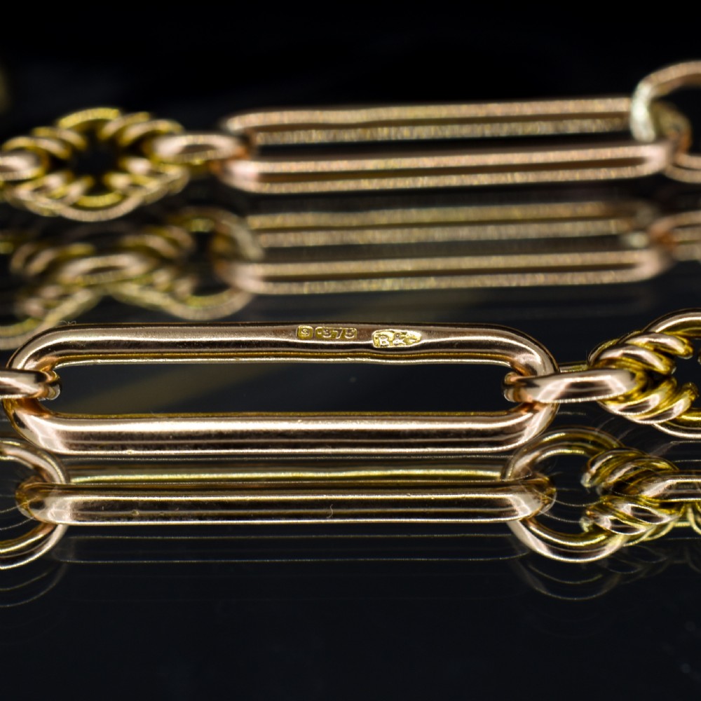 Antique '1903' 9ct Gold Trombone and Love Knot Link Albert Chain Necklace | 13.5