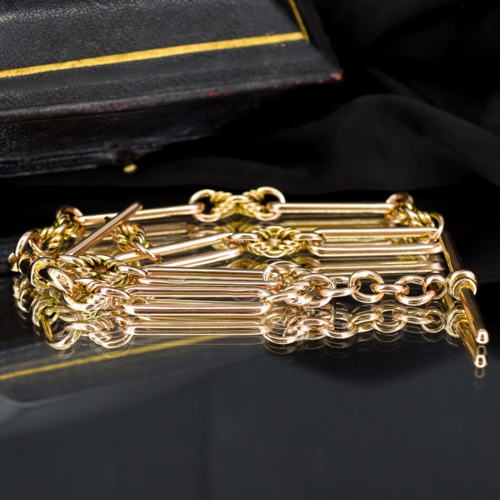 Antique '1903' 9ct Gold Trombone and Love Knot Link Albert Chain Necklace | 13.5