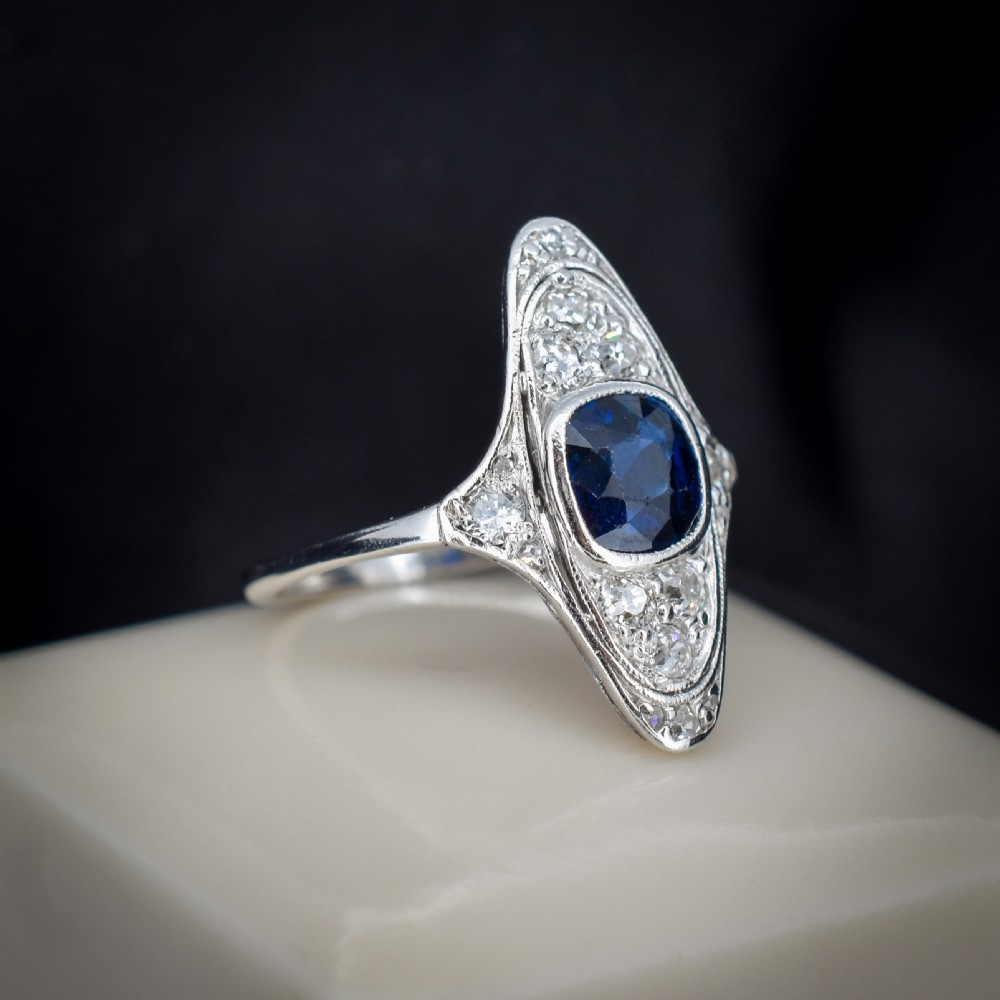 Art Deco Blue Sapphire and Diamond Navette Platinum Ring