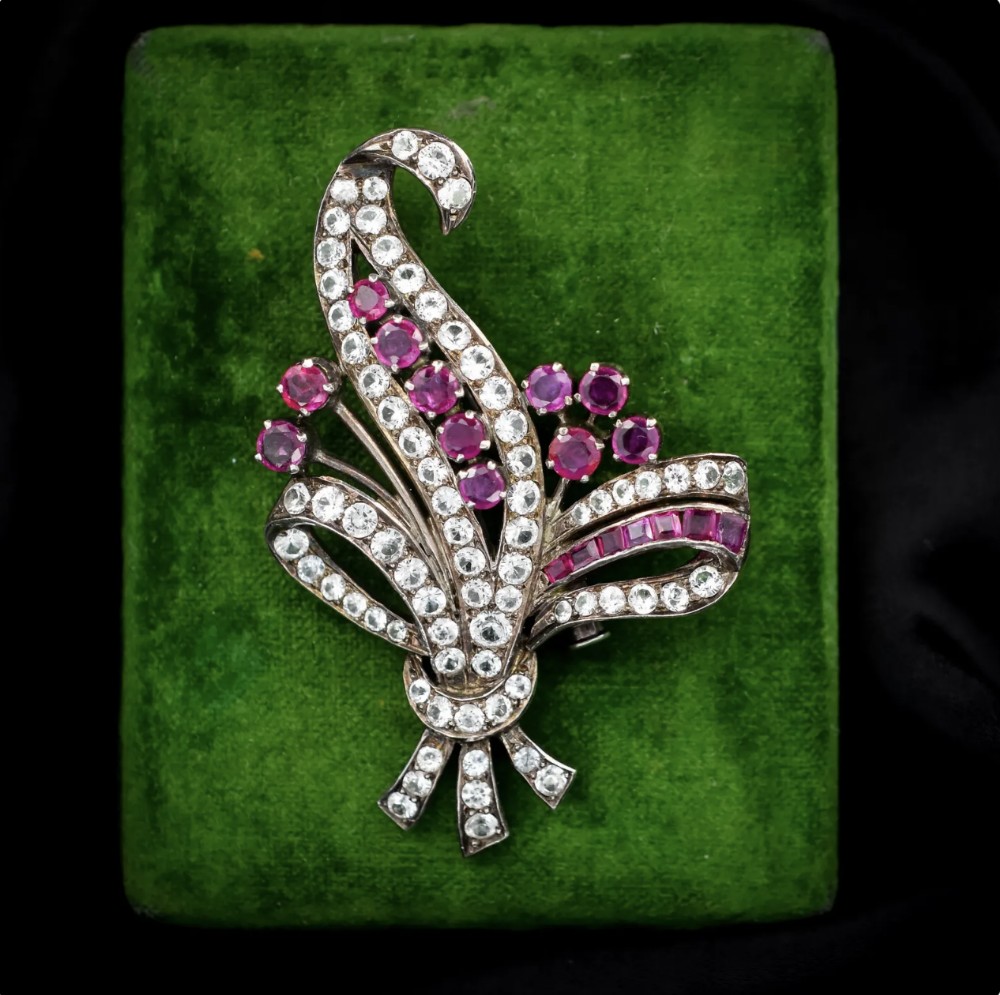 Antique Ruby and White Sapphire Spray Flower Brooch Pin