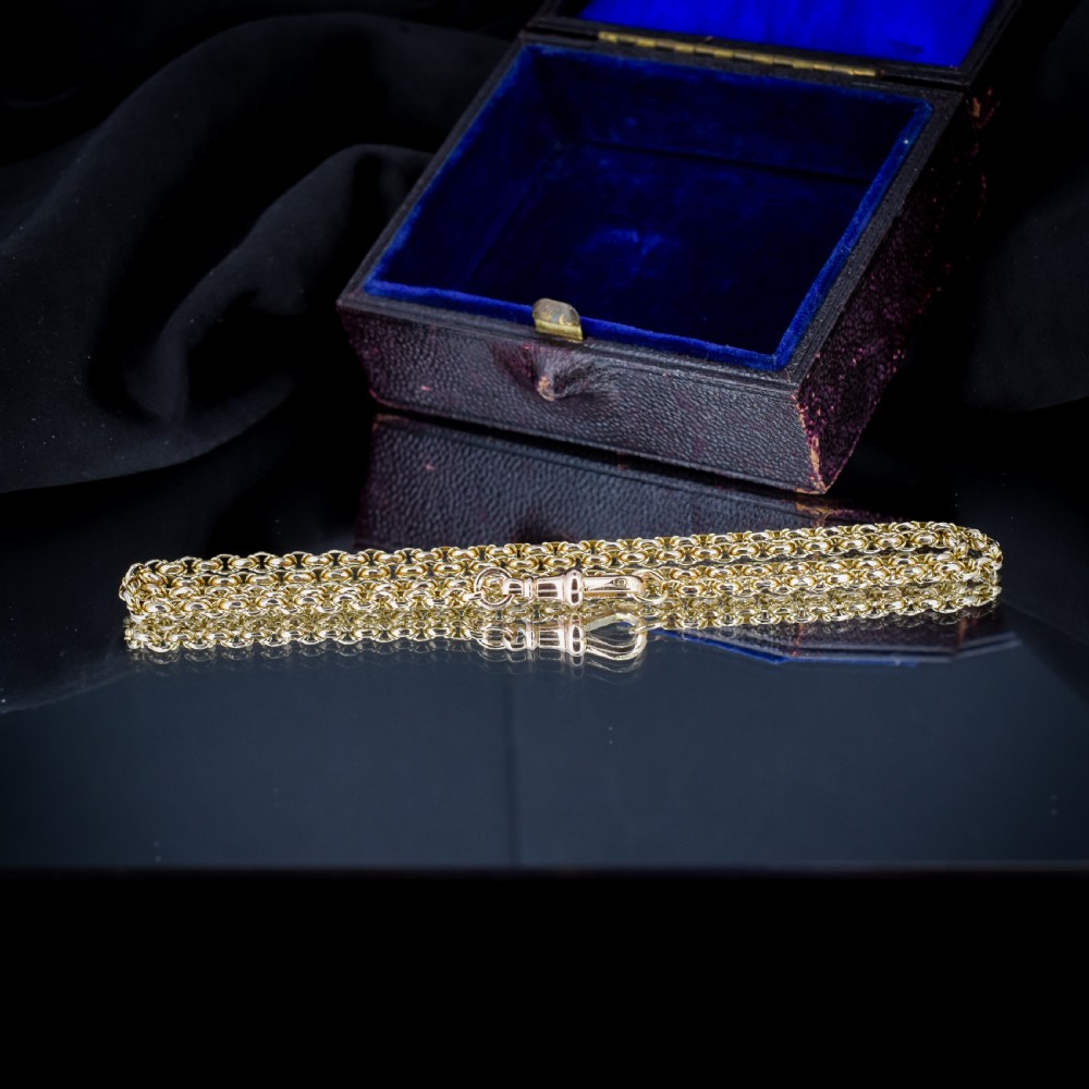 An antique 9ct yellow gold fancy link chain necklace featuring an elongated dog clip fastener. View VI