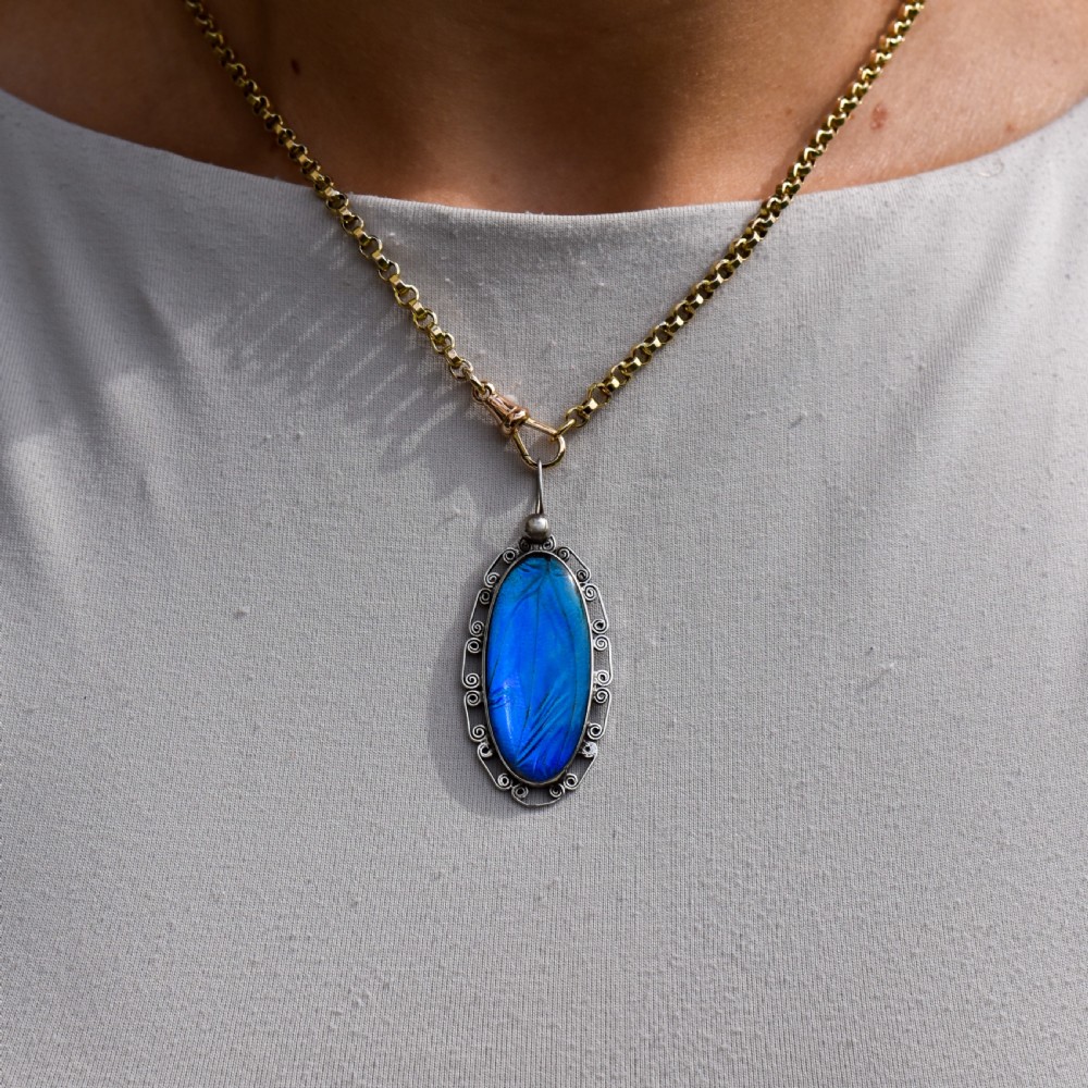 An elongated oval sterling silver Art Deco pendant enclosing a vivid blue butterfly wing with a scrolled wirework outer frame. View IX