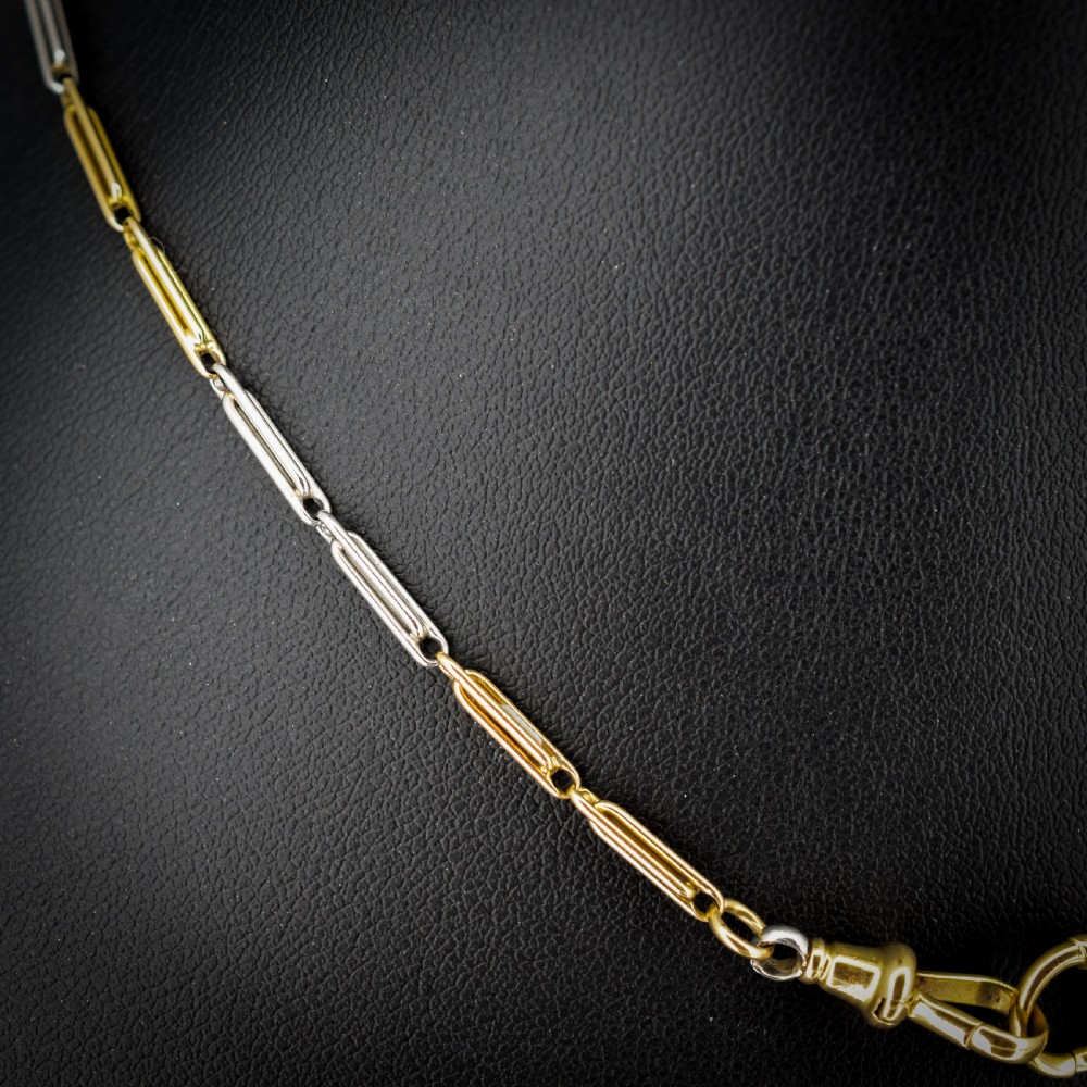 An antique two-tone chain necklace featuring alternating 18ct yellow gold and platinum elongated links with a dog clip and bolt ring clasp. View III