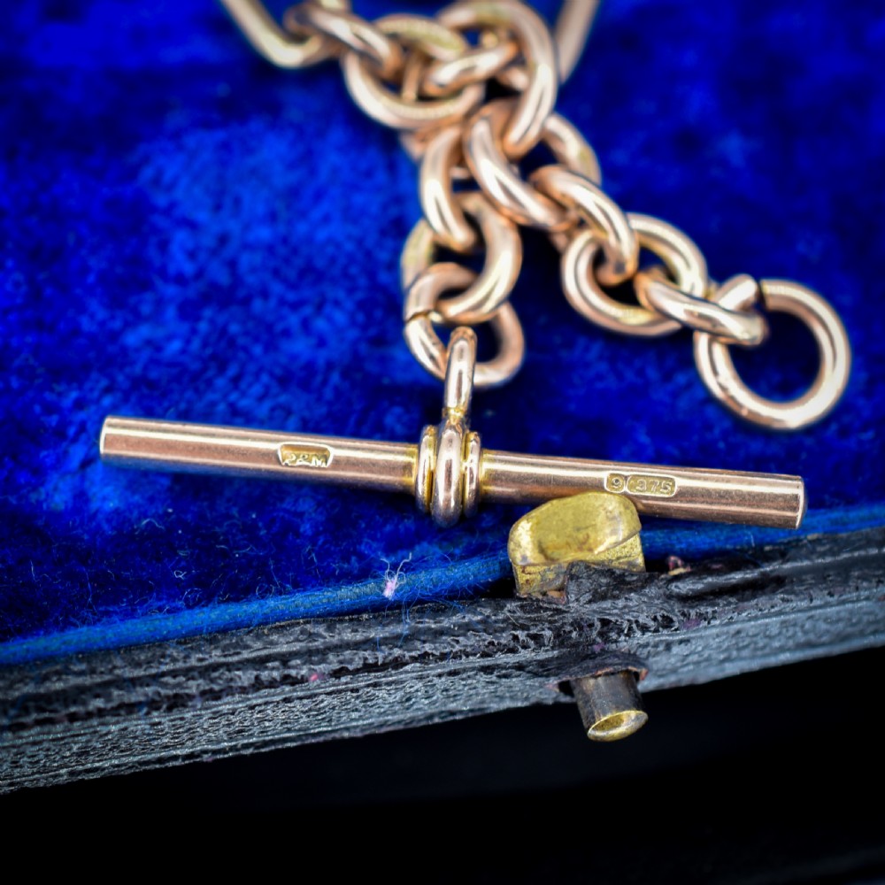 An antique 9ct yellow gold Albert watch chain featuring elongated trombone links, connector rings, a T-bar, and a swivel clasp. View VII