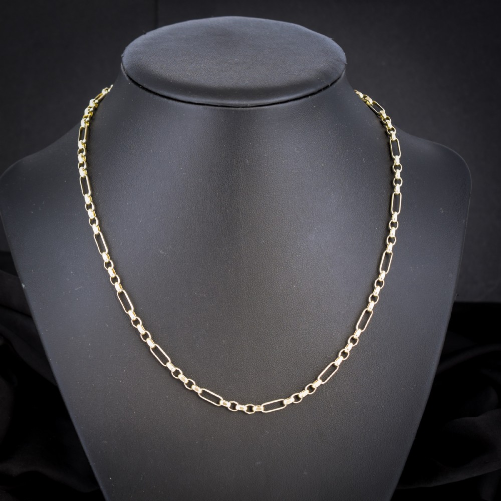 A vintage 9ct yellow gold fancy link chain necklace displayed inside a blue velvet fitted box. View II