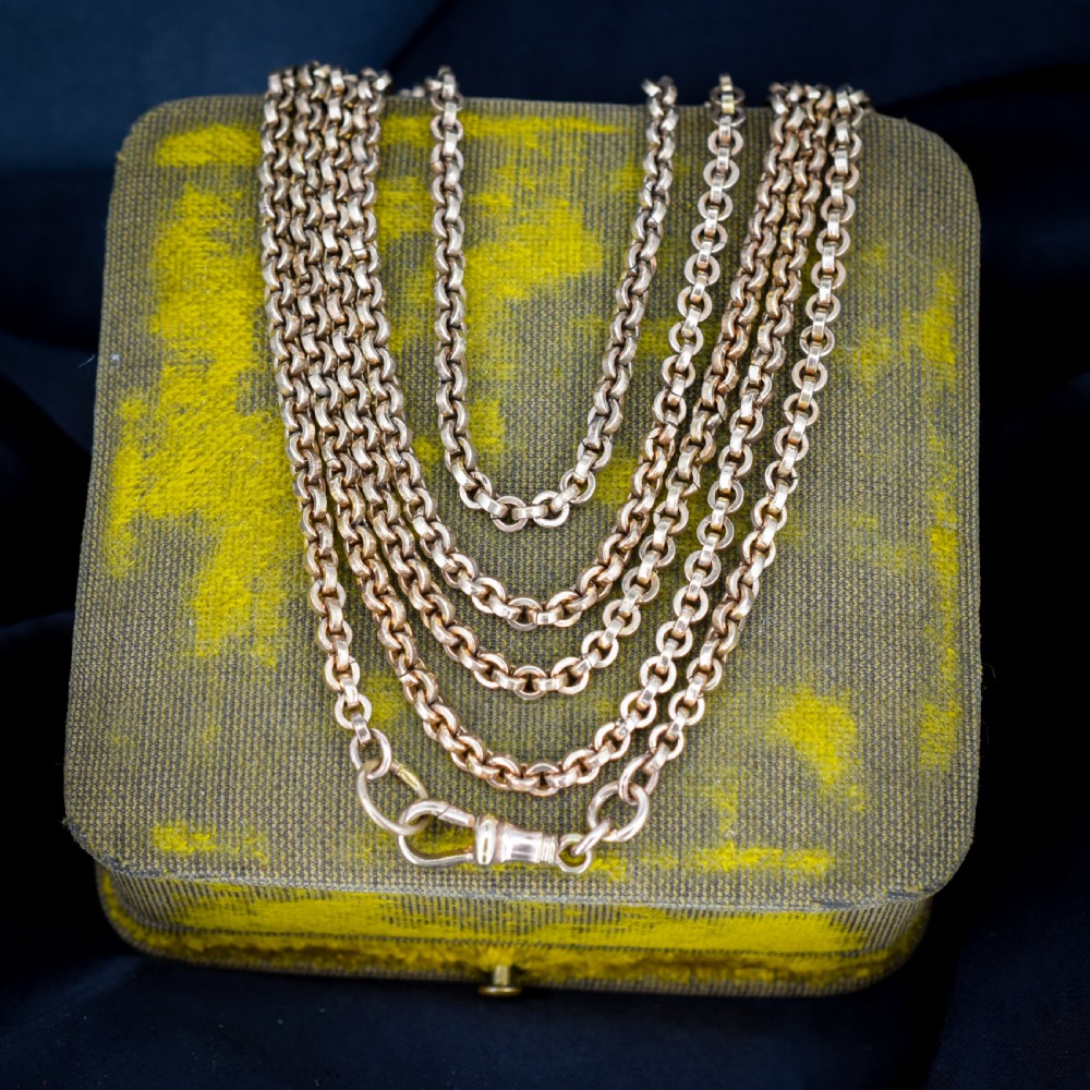 Antique 18ct Rolled Gold Rolo Link Guard Muff Chain Necklace with Dog Clip | 56