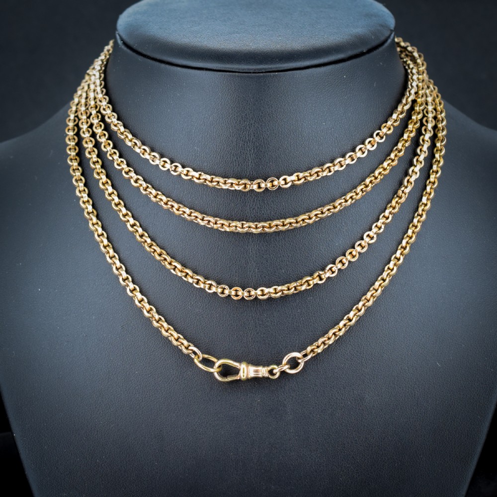 Antique 18ct Rolled Gold Rolo Link Guard Muff Chain Necklace with Dog Clip | 56