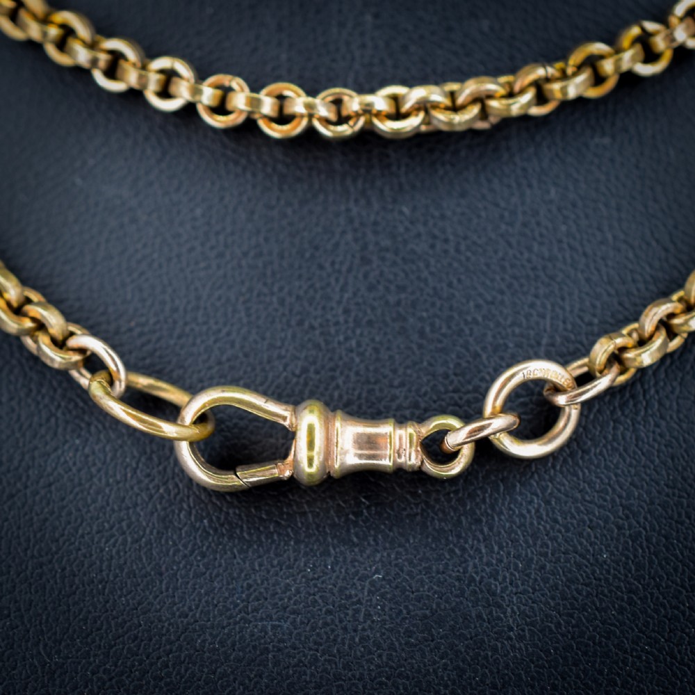 Antique 18ct Rolled Gold Rolo Link Guard Muff Chain Necklace with Dog Clip | 56
