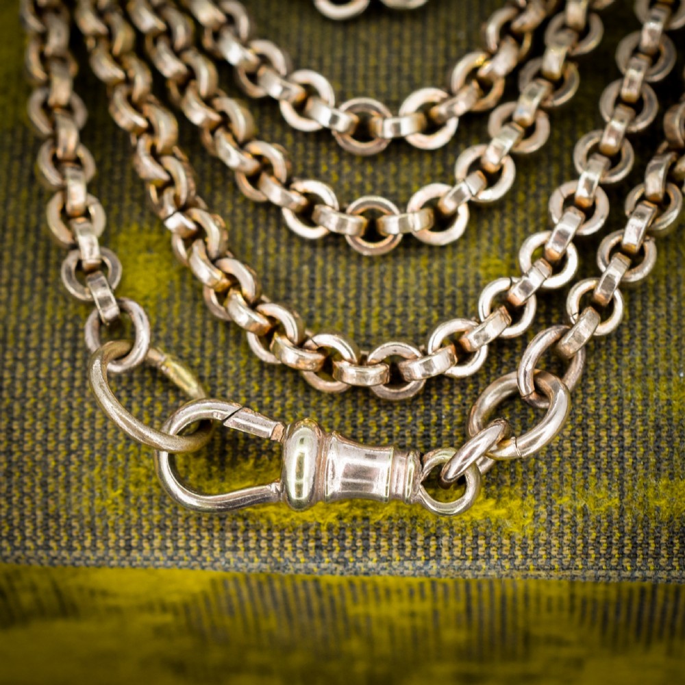 Antique 18ct Rolled Gold Rolo Link Guard Muff Chain Necklace with Dog Clip | 56