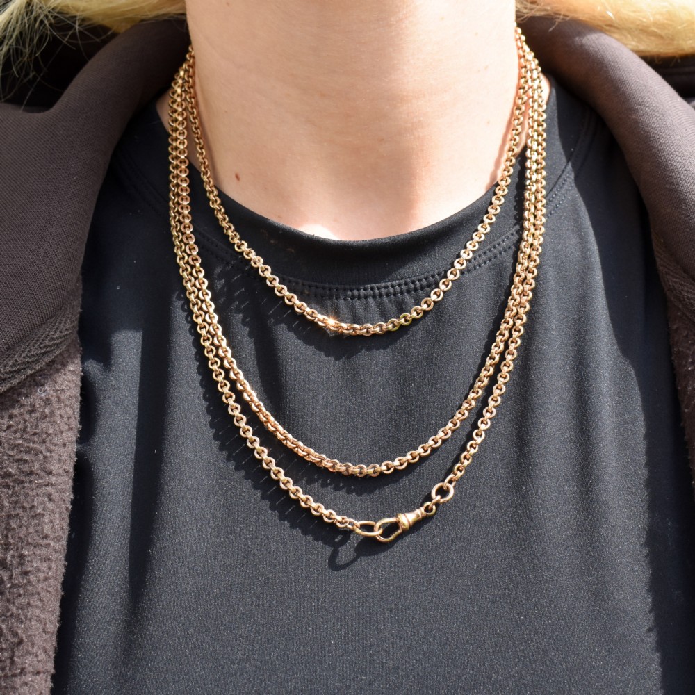 Antique 18ct Rolled Gold Rolo Link Guard Muff Chain Necklace with Dog Clip | 56