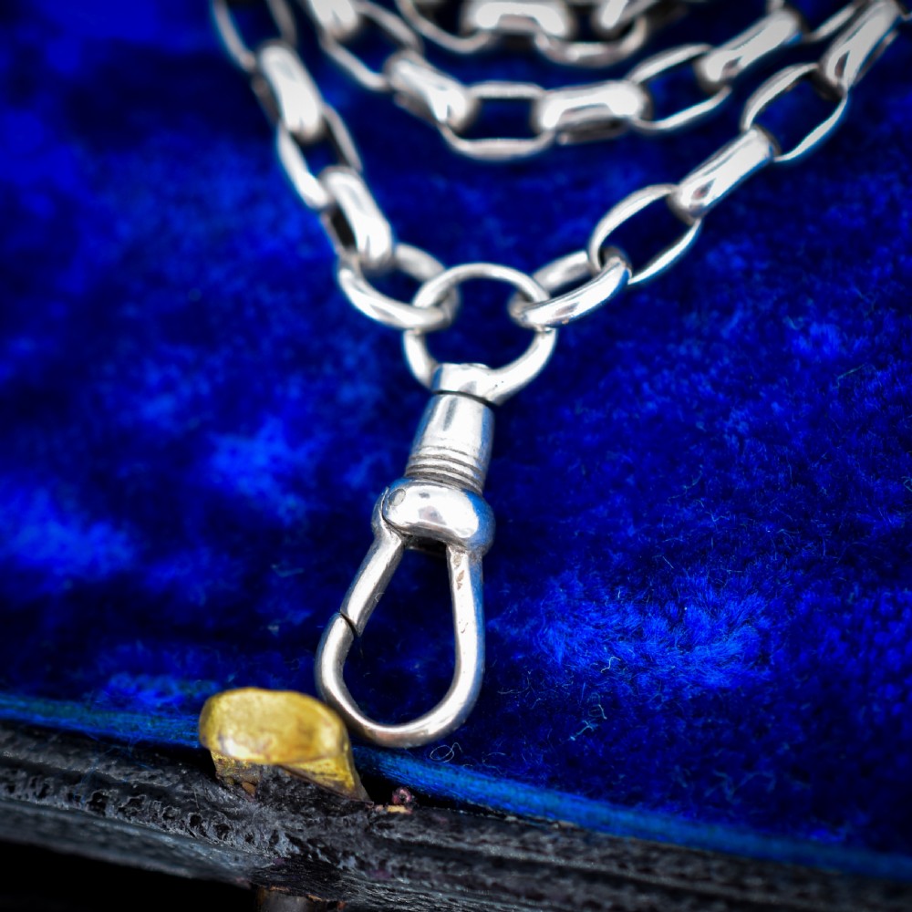 An antique silver long guard chain with belcher links coiled neatly inside a royal blue velvet presentation box fitted with a dog clip clasp. View VI