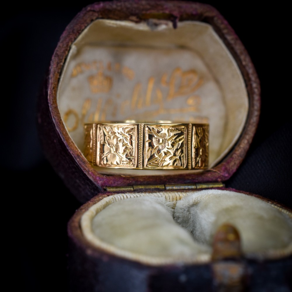 Antique Victorian 9ct Gold Fancy Patterned Wedding Cigar Band Ring | Dated 1889