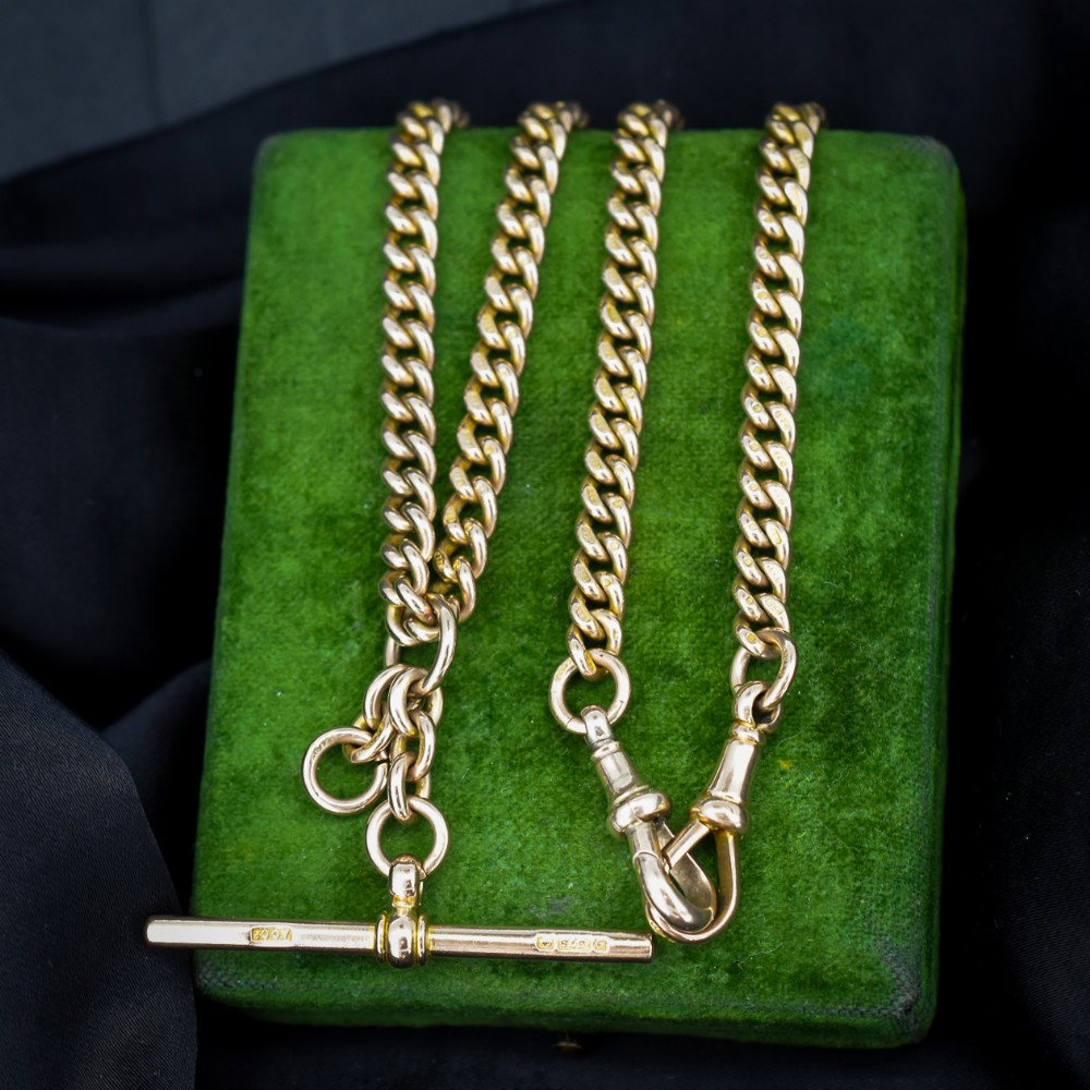 Art Deco 9ct Gold Uniform Curb Link Dog Clip Albert Watch Chain Necklace - 15.25