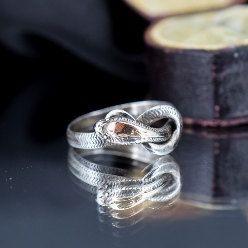 An antique silver ring crafted in the form of a coiled serpent with detailed scale engraving. View III