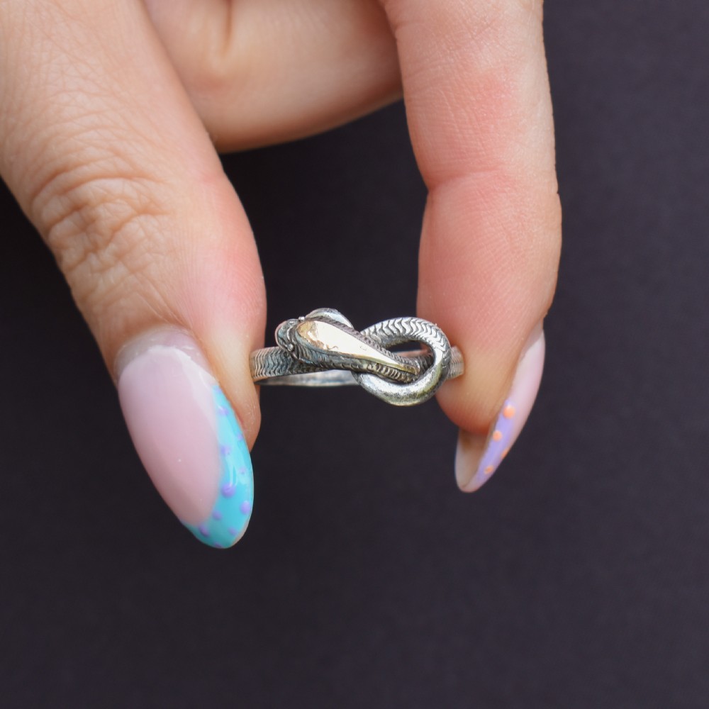 An antique silver ring crafted in the form of a coiled serpent with detailed scale engraving. View VII