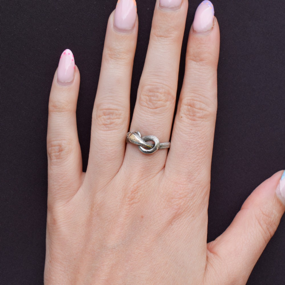 An antique silver ring crafted in the form of a coiled serpent with detailed scale engraving. View VIII