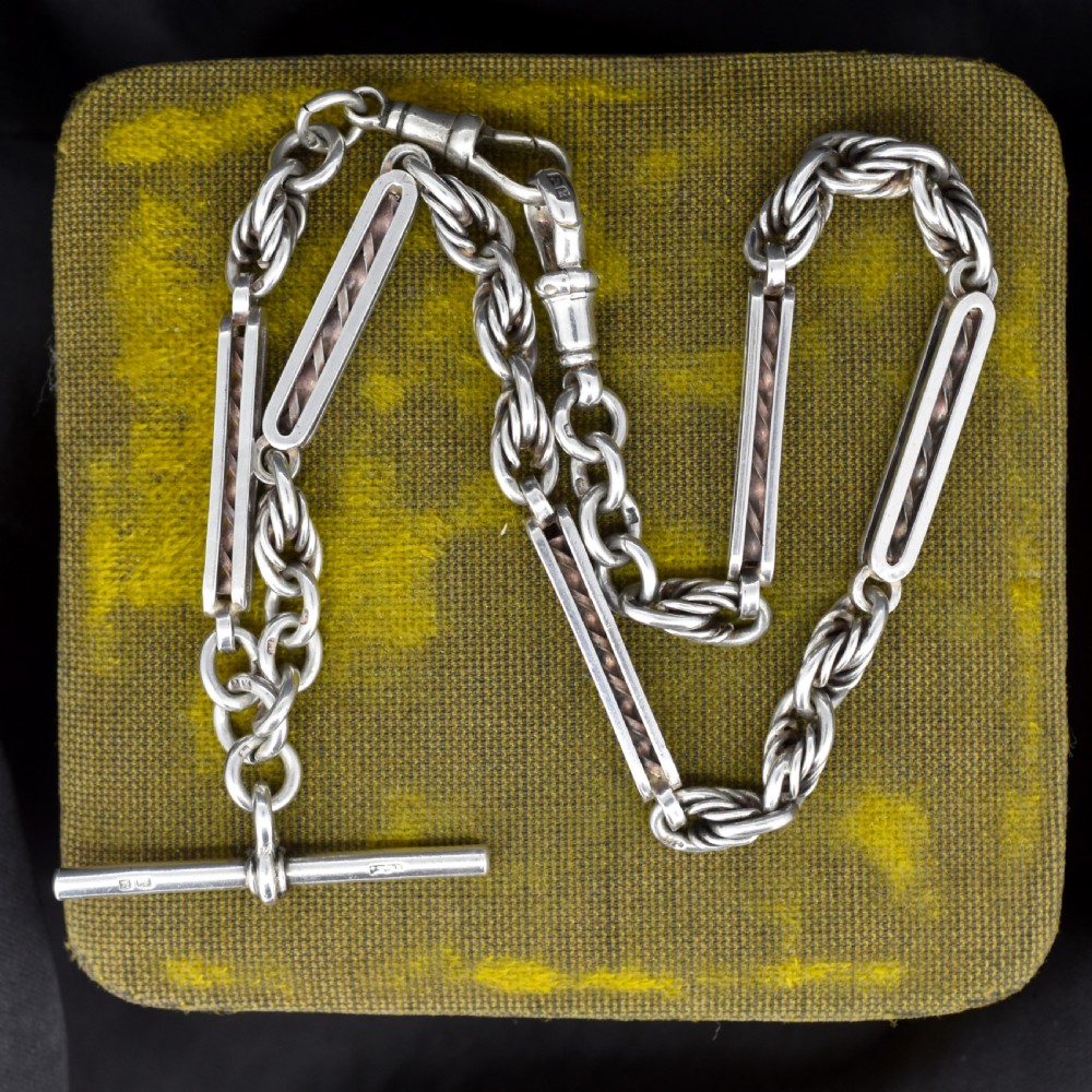 Antique '1909' Sterling Silver Bar and Love Knot Albert Chain Necklace | 14.5