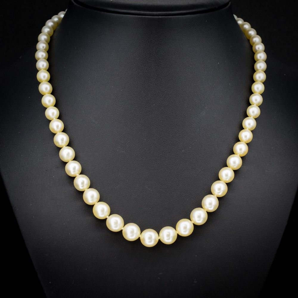 A graduated strand of cream pearls featuring a yellow gold fluted clasp. View II