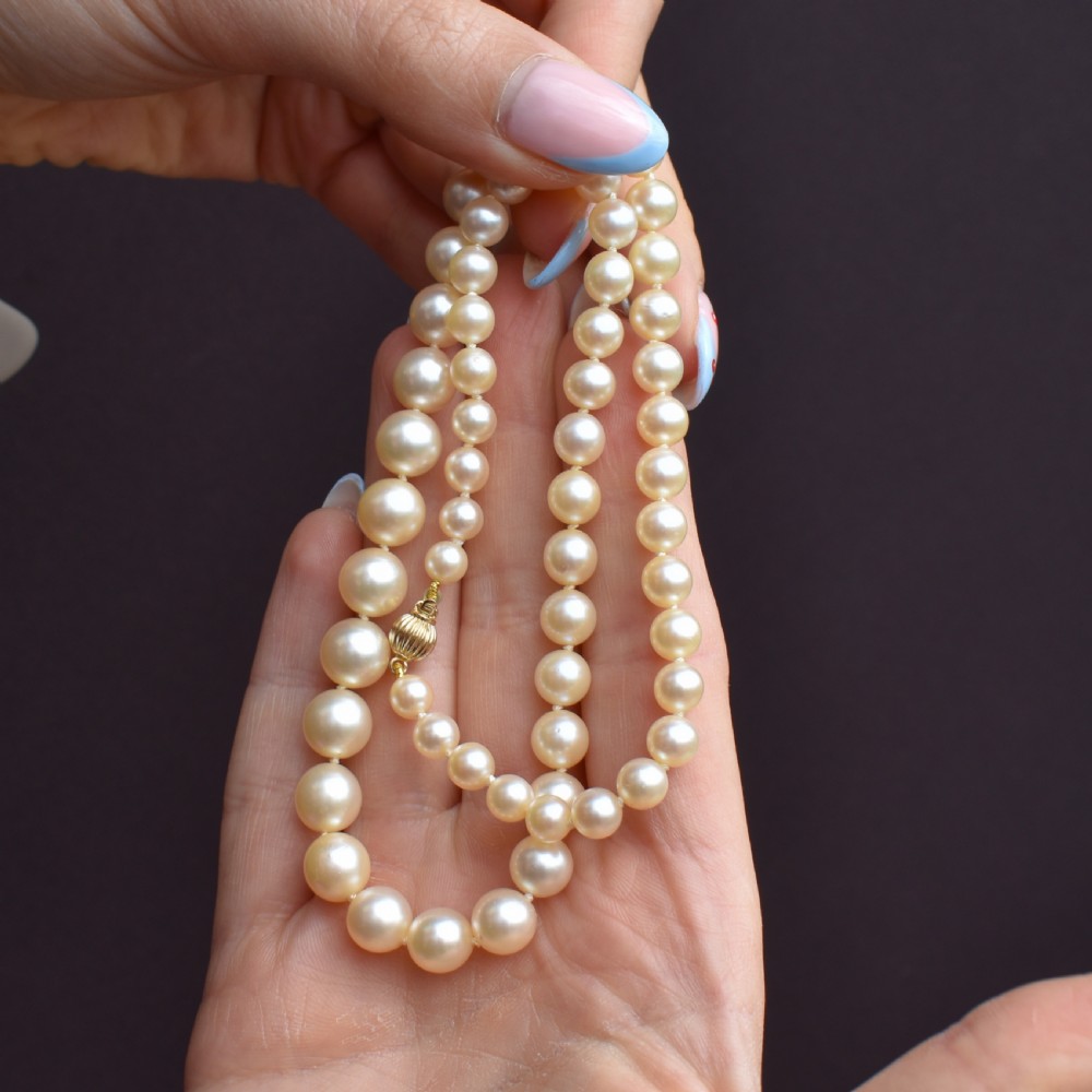A graduated strand of cream pearls featuring a yellow gold fluted clasp. View X
