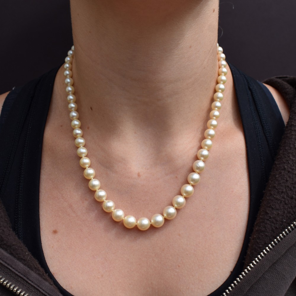 A graduated strand of cream pearls featuring a yellow gold fluted clasp. View XI