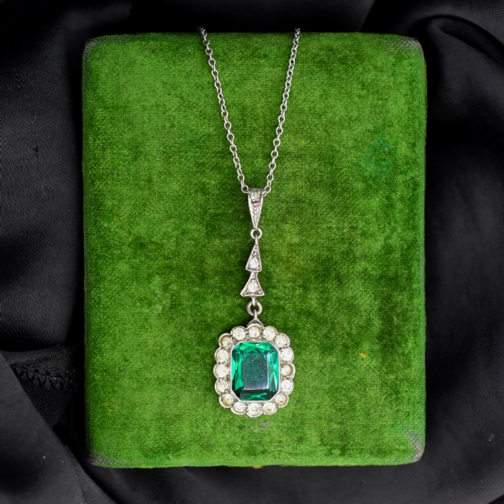 Antique Emerald Cut Paste Silver Pendant and Chain Necklace | 15.5