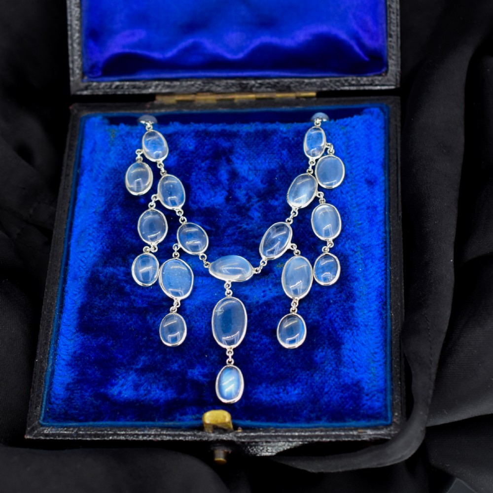 Antique Moonstone Silver Drop Fringe Festoon Necklace | 15.25