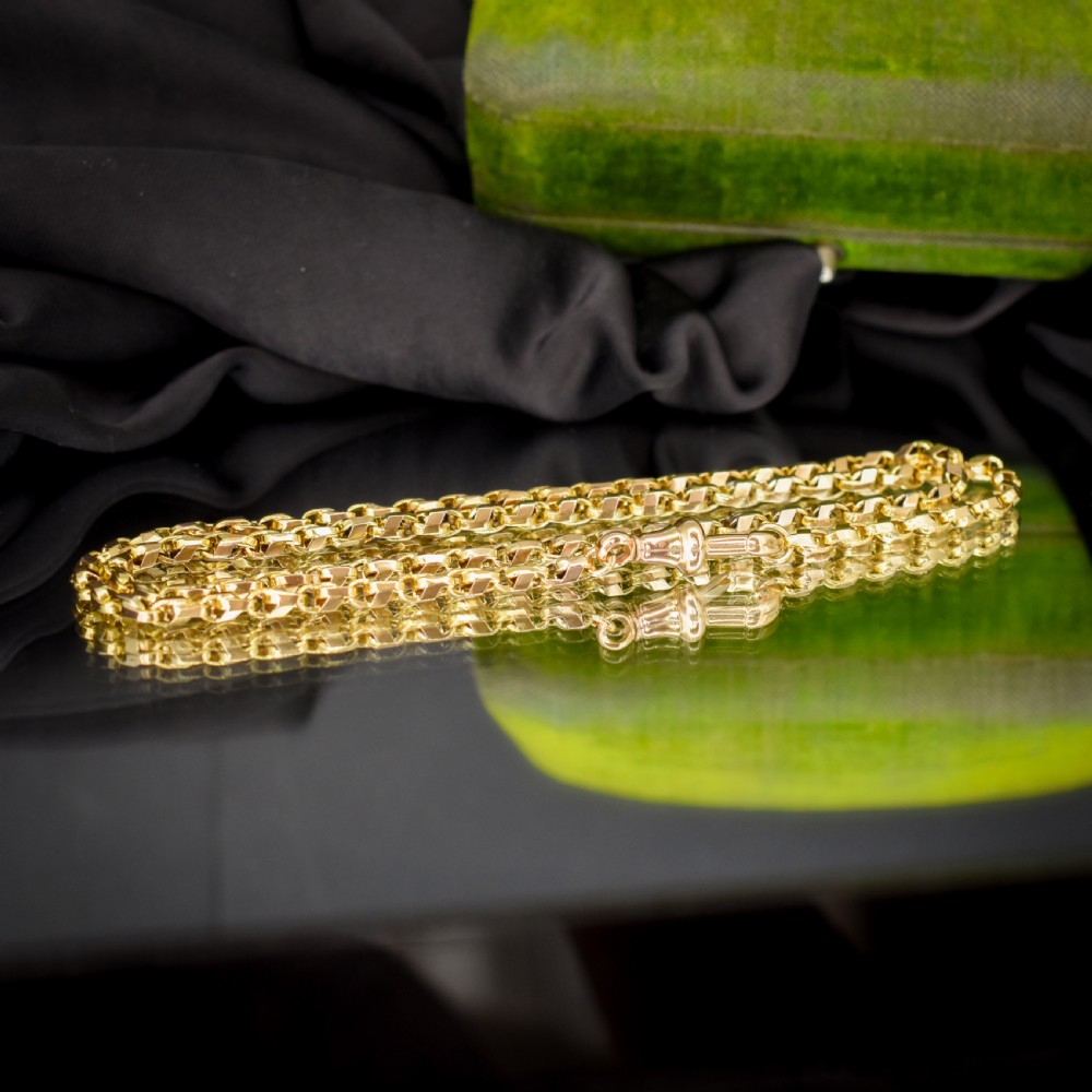 An antique 9ct yellow gold tulip link fancy chain necklace featuring a swivel dog clip clasp. View VI