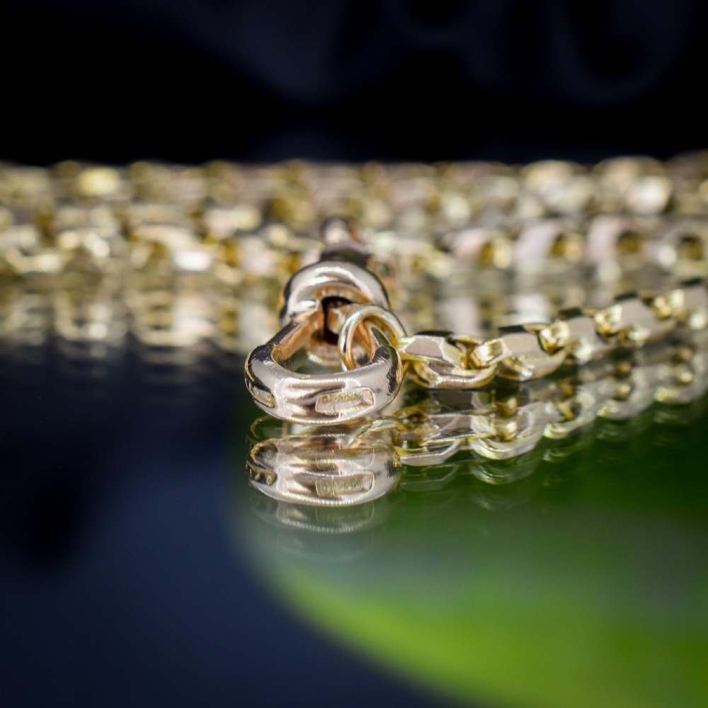 An antique 9ct yellow gold tulip link fancy chain necklace featuring a swivel dog clip clasp. View VII