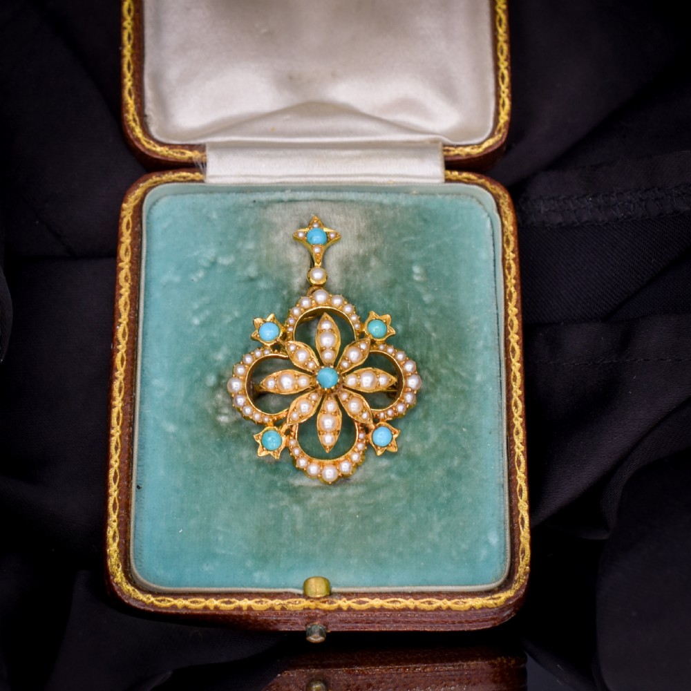 Antique Boxed Turquoise and Pearl 15ct Gold Pendant and Brooch