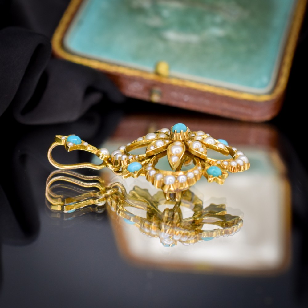 Antique Boxed Turquoise and Pearl 15ct Gold Pendant and Brooch View IV