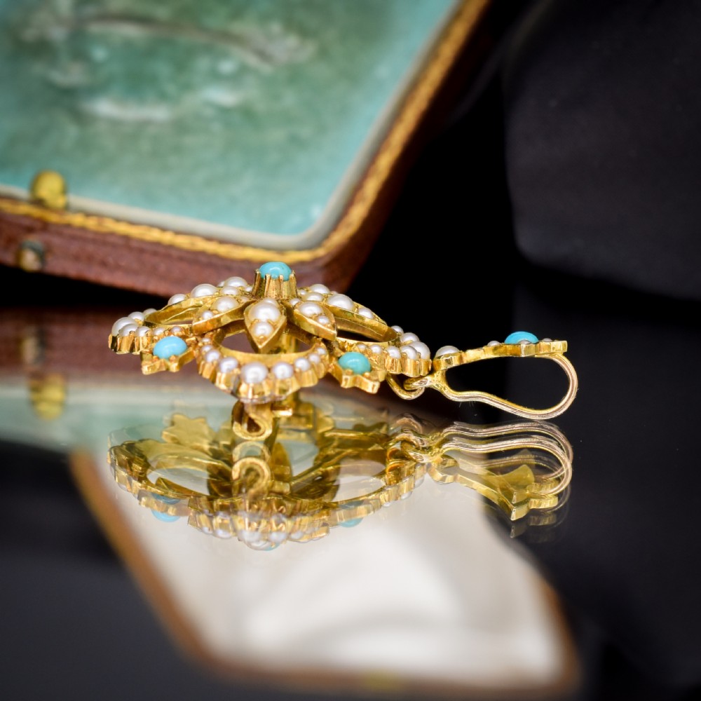 Antique Boxed Turquoise and Pearl 15ct Gold Pendant and Brooch View V