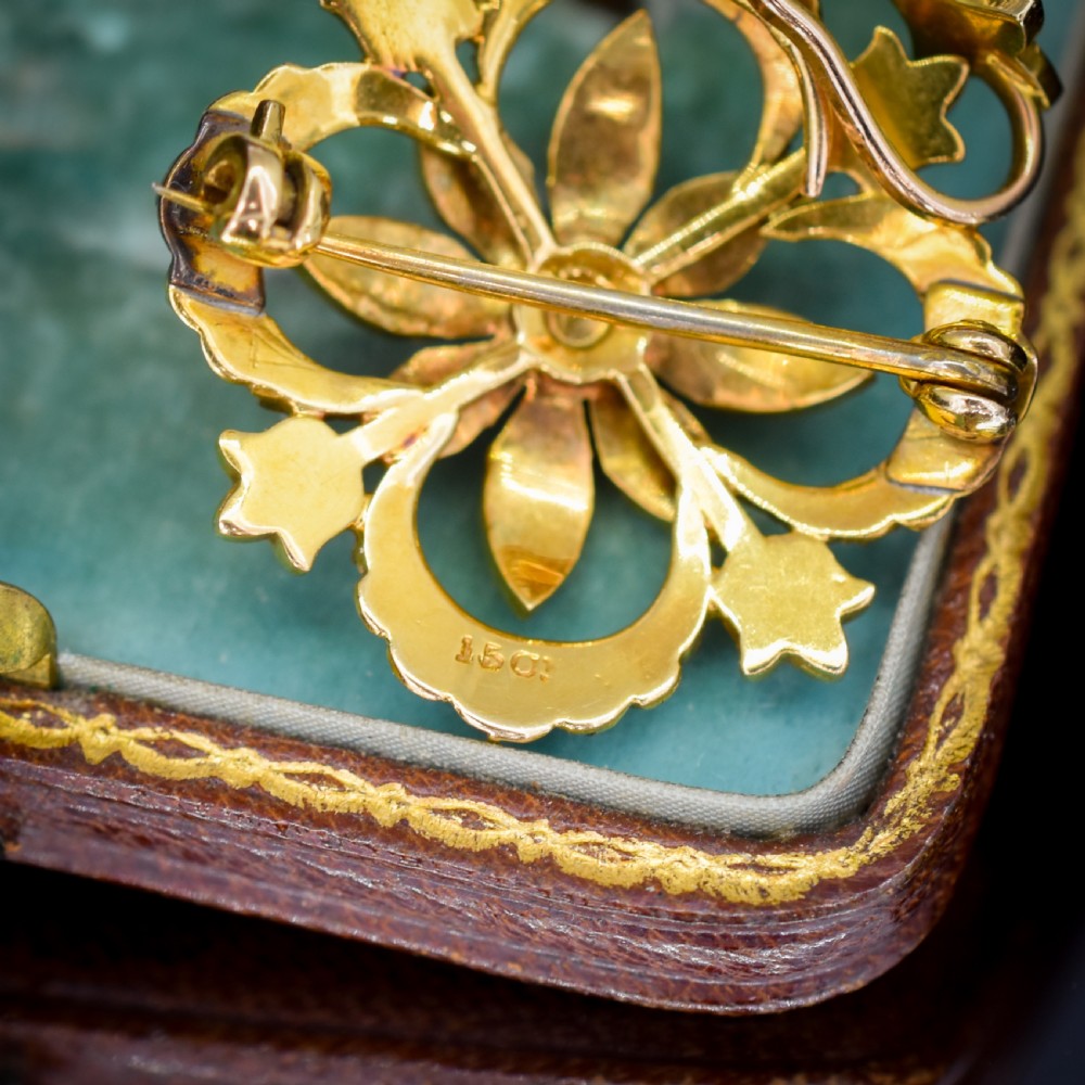 Antique Boxed Turquoise and Pearl 15ct Gold Pendant and Brooch View VI