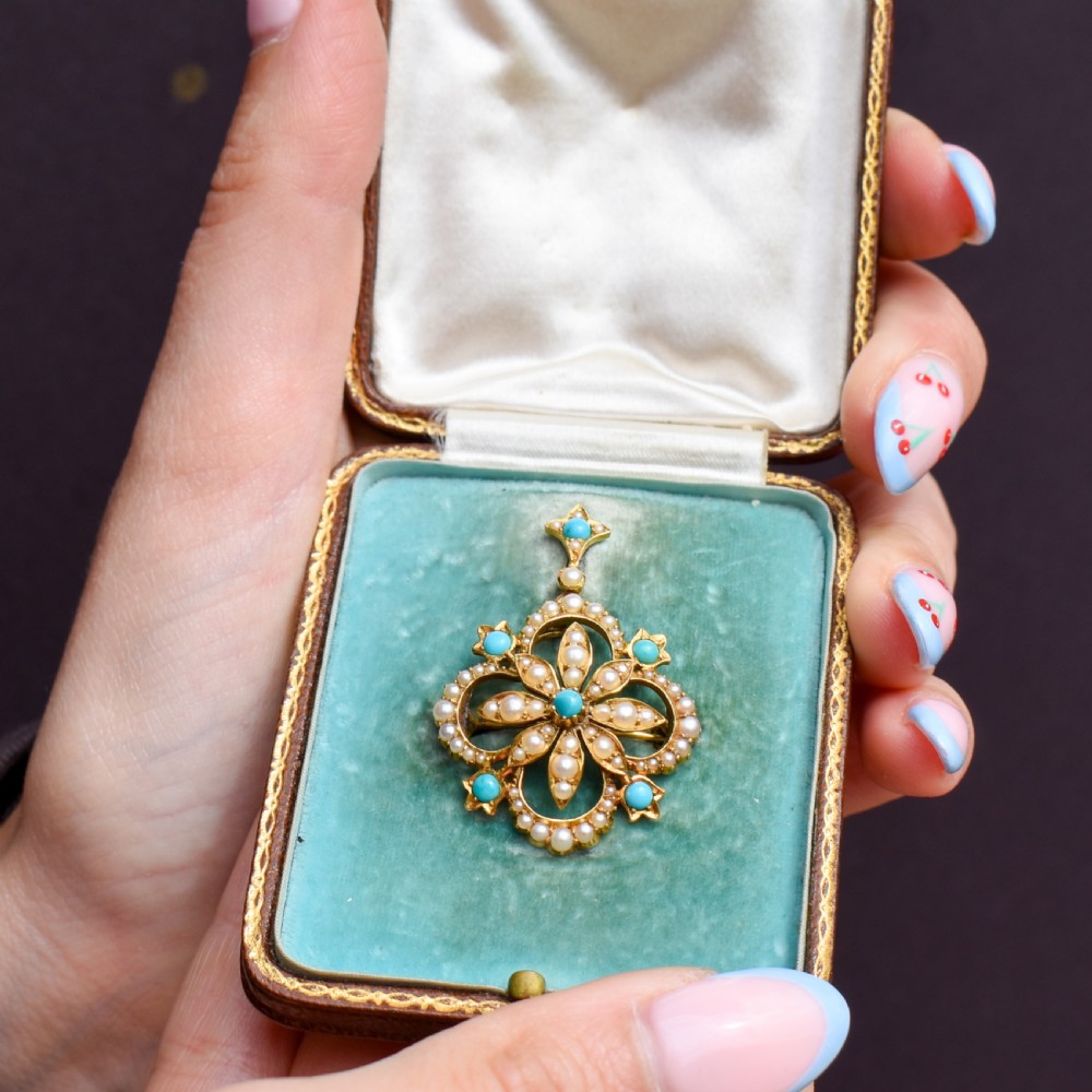 Antique Boxed Turquoise and Pearl 15ct Gold Pendant and Brooch View VII