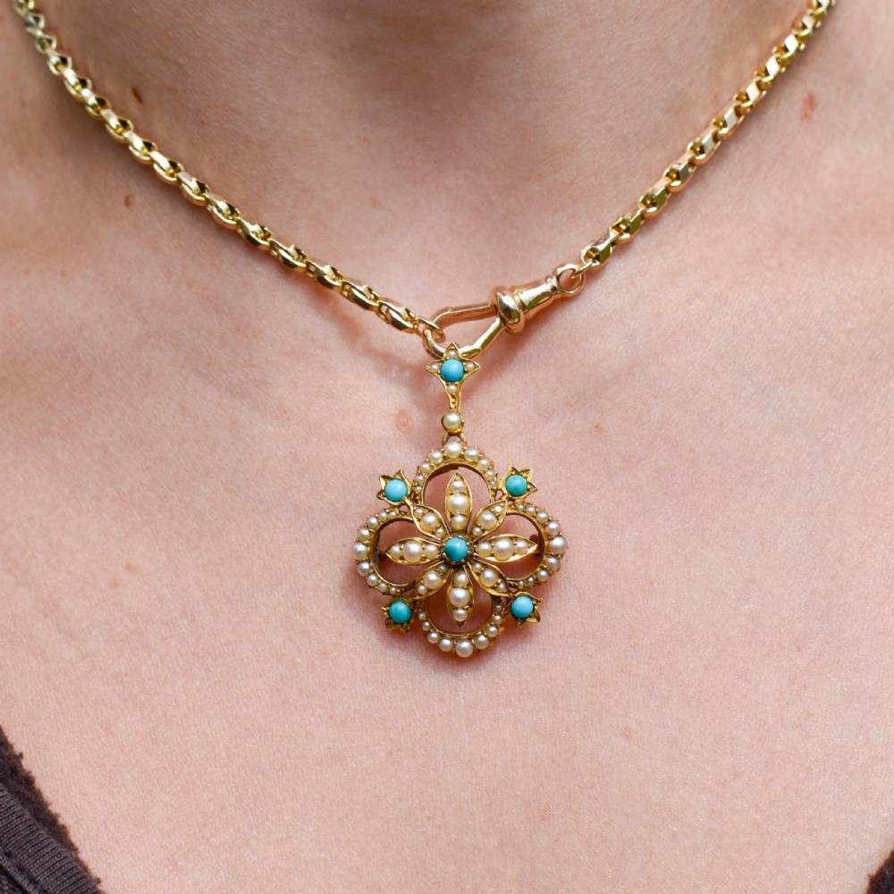 Antique Boxed Turquoise and Pearl 15ct Gold Pendant and Brooch View IX