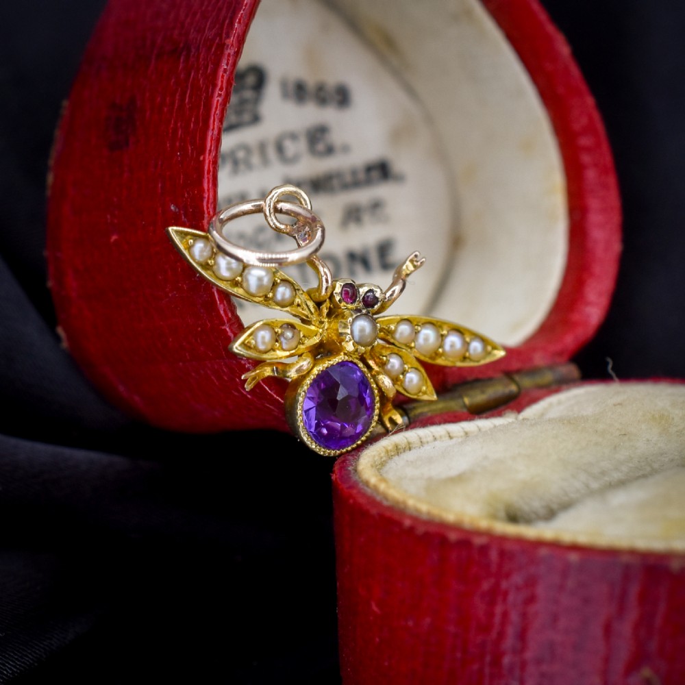 Antique 15ct Gold Amethyst and Pearl Insect Fly Charm Pendant View III