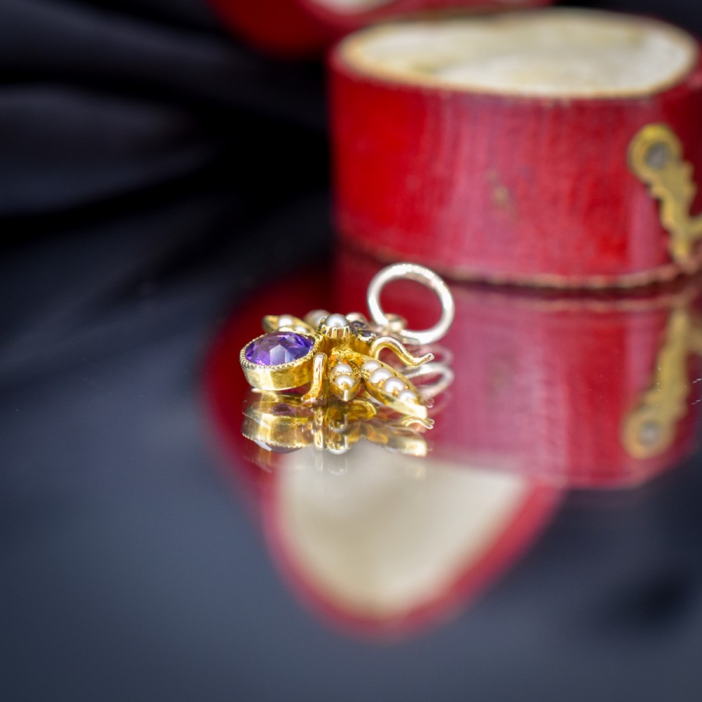 Antique 15ct Gold Amethyst and Pearl Insect Fly Charm Pendant View V
