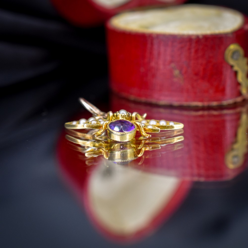 Antique 15ct Gold Amethyst and Pearl Insect Fly Charm Pendant View VI