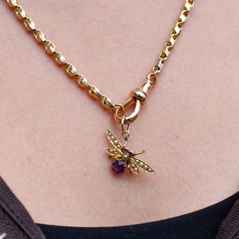 Antique 15ct Gold Amethyst and Pearl Insect Fly Charm Pendant View VII