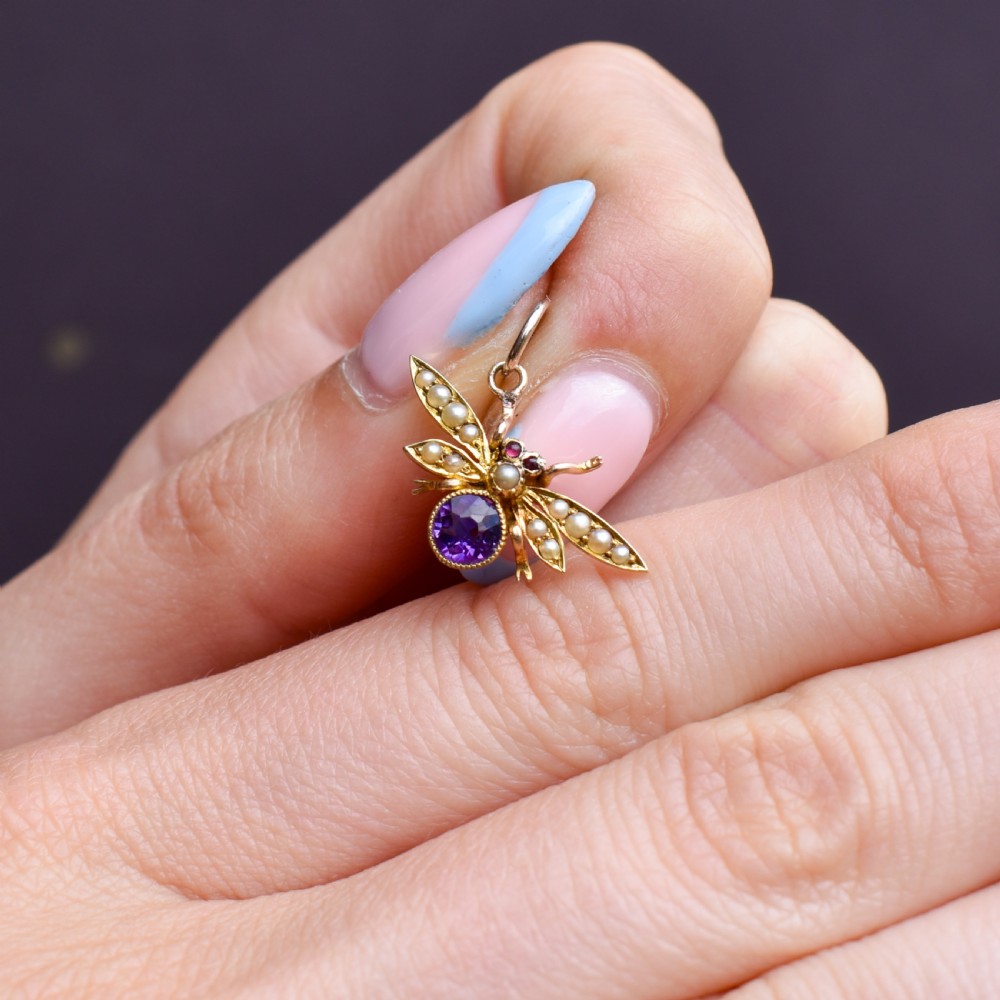 Antique 15ct Gold Amethyst and Pearl Insect Fly Charm Pendant View VIII