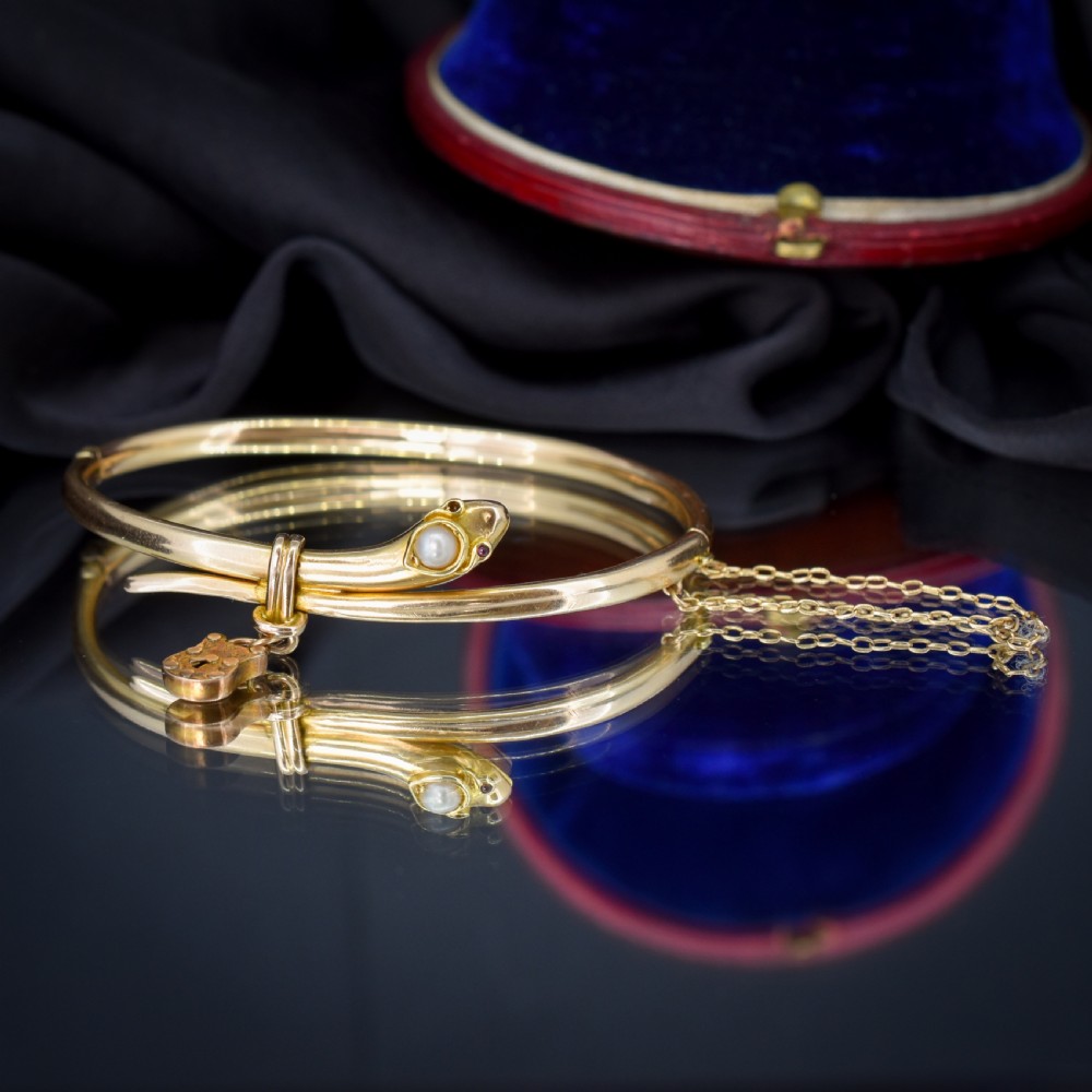 Antique Boxed 15ct Gold Pearl Snake Serpent Bangle Bracelet View V