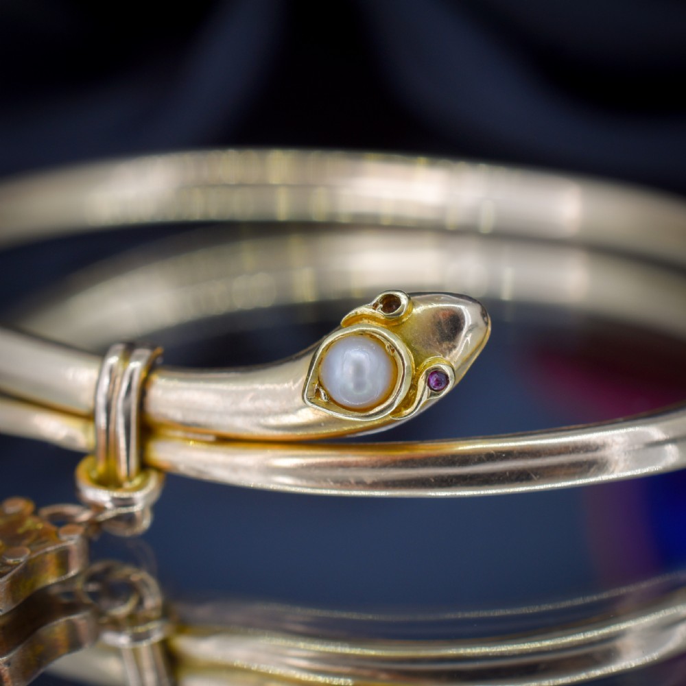 Antique Boxed 15ct Gold Pearl Snake Serpent Bangle Bracelet View VI