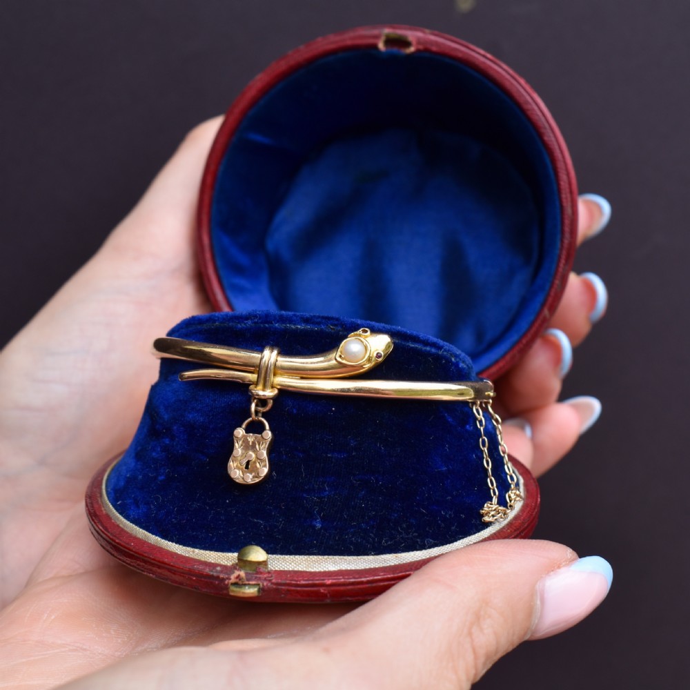 Antique Boxed 15ct Gold Pearl Snake Serpent Bangle Bracelet View IX