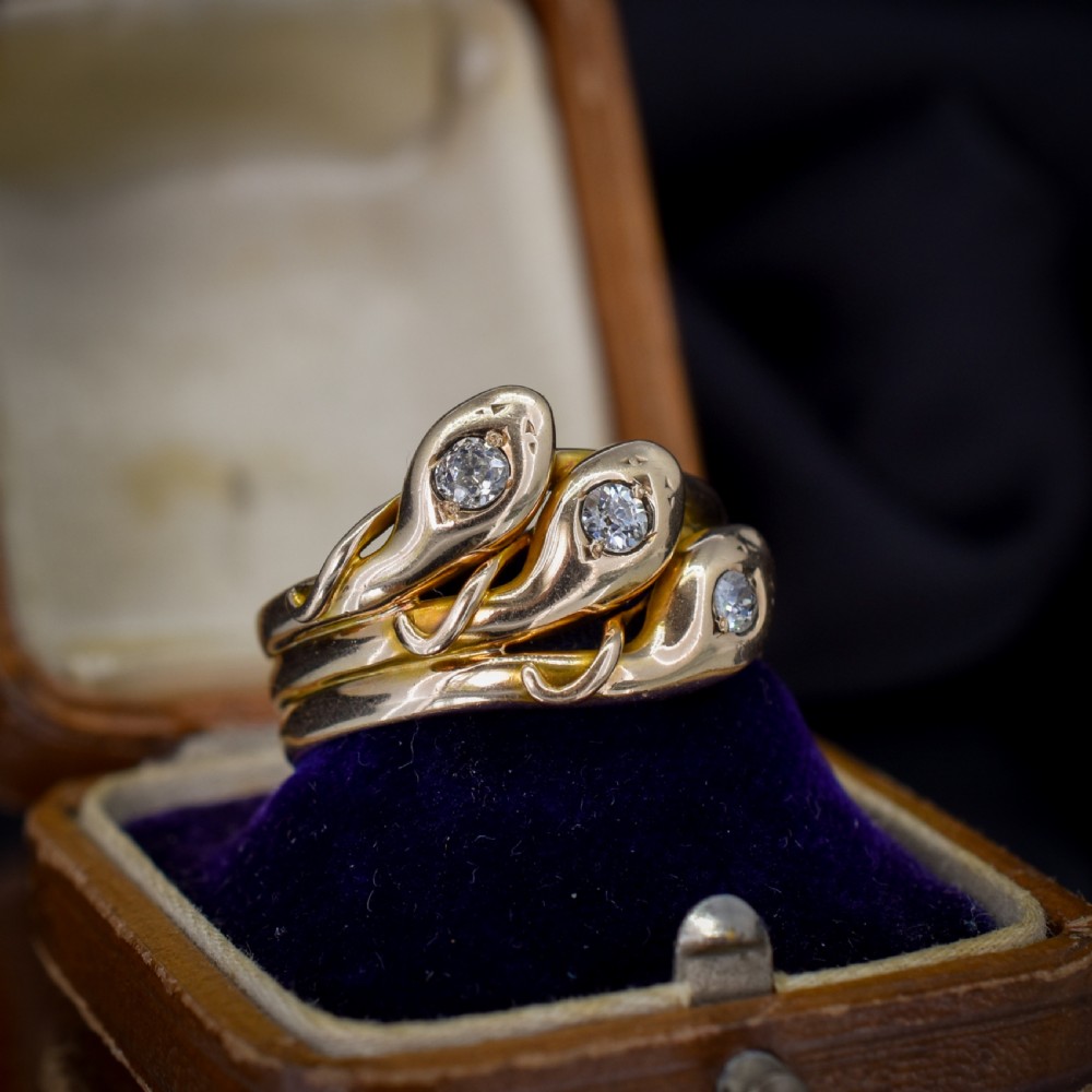 Antique Old Cut Diamond Triple Snake Serpent 9ct Gold Band Ring View II
