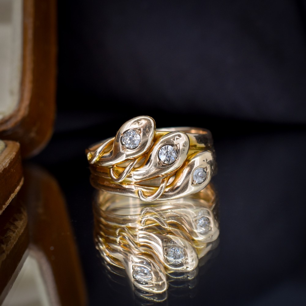 Antique Old Cut Diamond Triple Snake Serpent 9ct Gold Band Ring View III