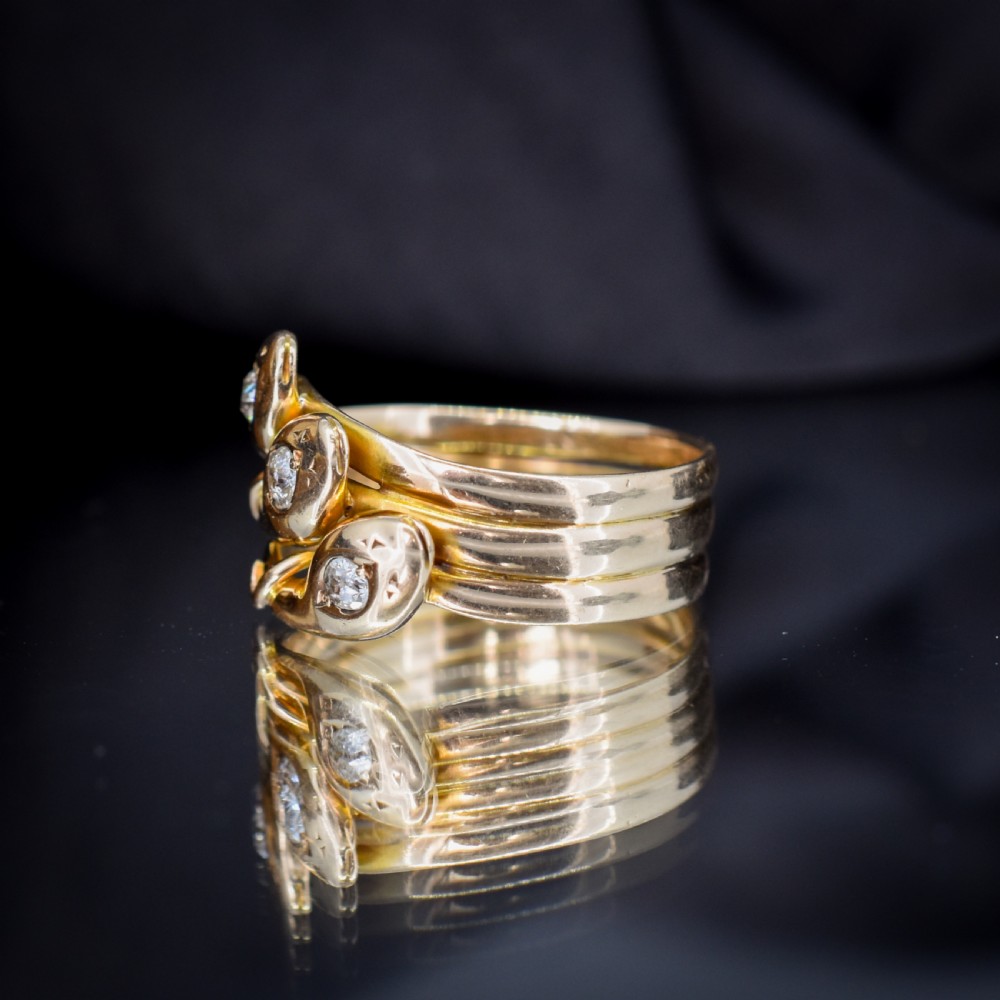 Antique Old Cut Diamond Triple Snake Serpent 9ct Gold Band Ring View V