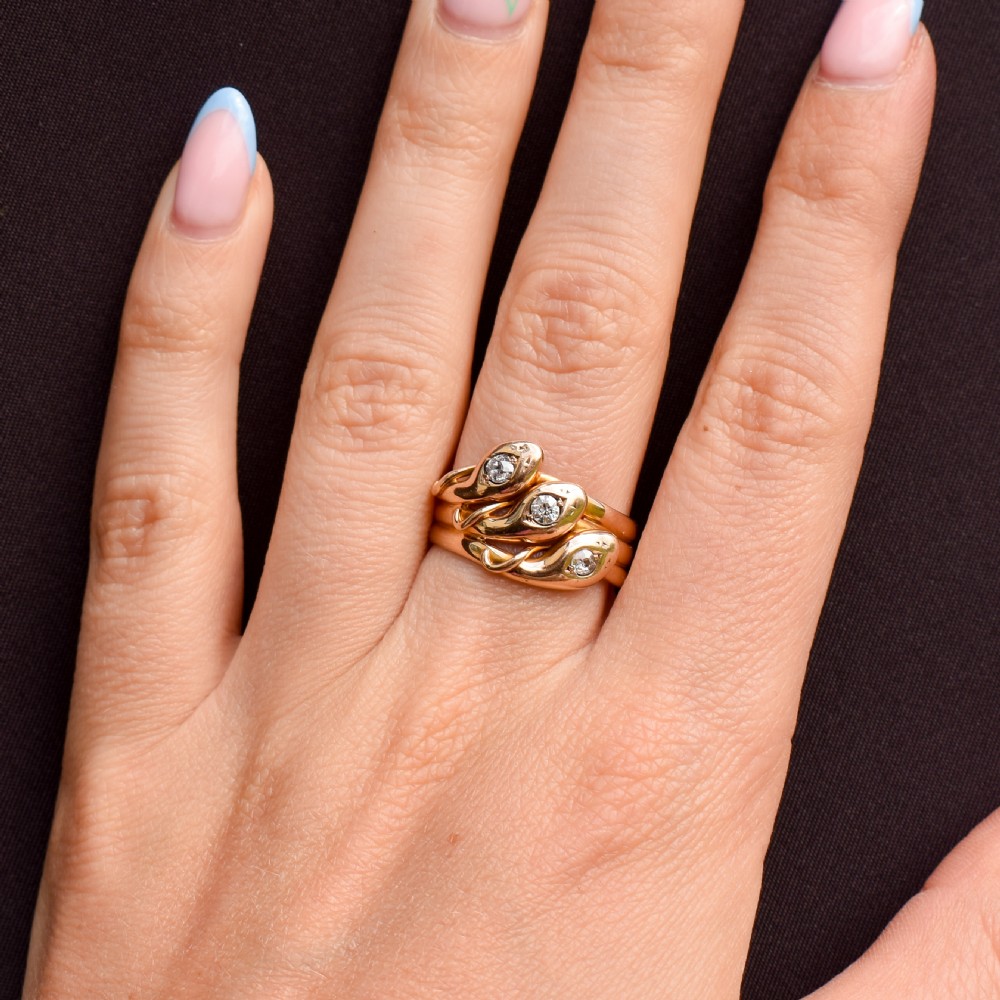 Antique Old Cut Diamond Triple Snake Serpent 9ct Gold Band Ring View VII